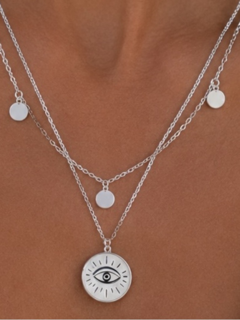 Silver Evil Eye Layered Necklace Disc Charm Waterproof Stainless Steel